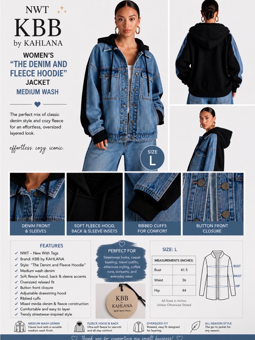 Women's Medium Wash Denim & Black Fleece Hoodie Jacket size large